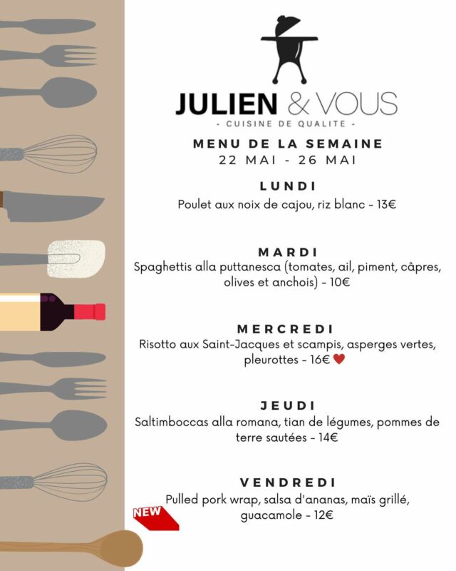 Voici le menu pour la semaine prochaine et on vous a concocté une petite nouveauté qui devrait vous plaire vendredi 😋