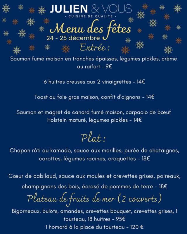 It’s tiiiime 
Voici vos menus préférés, les menus des fêtes !! 😋 
Ne tardez pas à commander, les lutins nous ont dit que les repas de Noël commencent déjà à partir très vite
