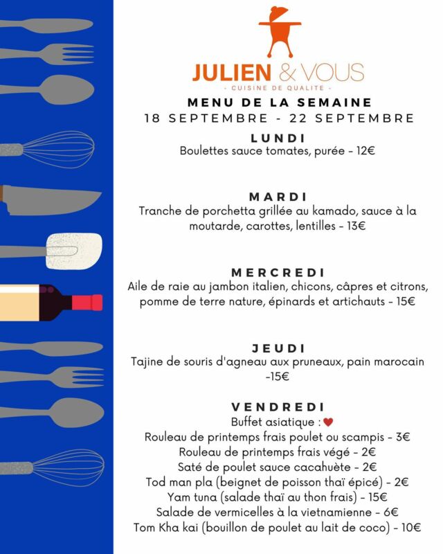 Le temps automnal pointe doucement son nez, voici le menu qui va avec. 
Des plats réconfortants et vendredi, le retour de votre coup de cœur, le buffet asiatique (ça va partir vite 😋) 

ORDER NOW