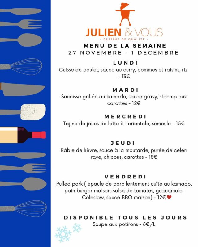 Le mois de décembre pointe le bout de son nez … 
Pour vous réchauffer, on a préparé un menu qui va vous régaler 😋 
Psss : plus qu’un mois avant Noël
