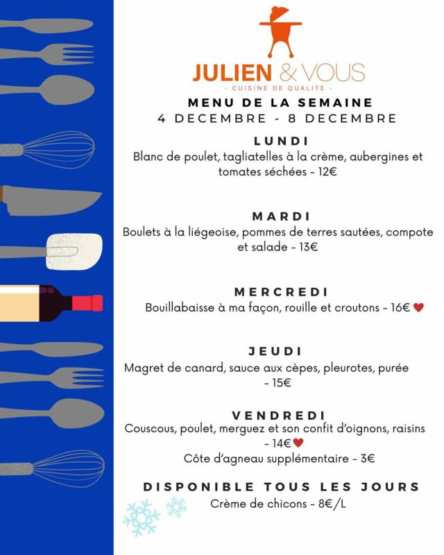 Voici le menu pour la semaine prochaine 😋 (psss : Noël est déjà presque sold out…)