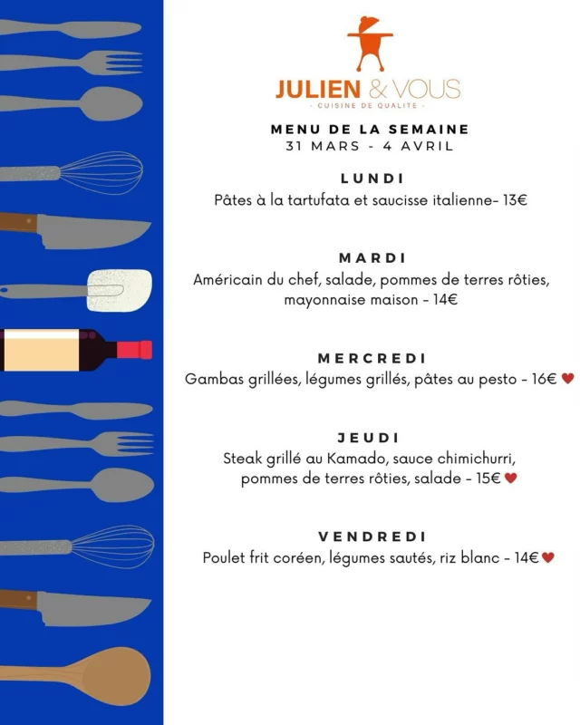 ☀️ Les journées s’allongent, le soleil brille… Parfait pour savourer de bons petits plats faits maison en famille ou entre amis !

🍽 Nouveauté de la semaine : l’Américain du Chef, un délice à ne pas manquer.

📆 Commandes ouvertes, il n’y a plus qu’à profiter ! ORDER NOW