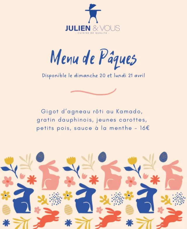 Un festin de Pâques signé Julien & Vous ! 🐣🐇 
Agneau fondant, saveurs fumées au kamado…
Dispo dimanche & lundi 
Dépêchez-vous… avant que tout parte comme des p’tits œufs !🪺