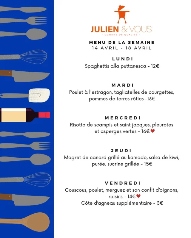 Menu de la semaine prochaine dispo !
Et le menu de Pâques est sorti aussi, on ne tarde pas pour commander … 🐣 ORDER NOW