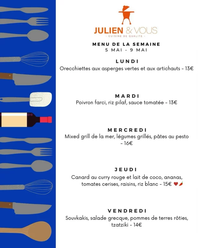 Après une semaine de repos bien méritée…
Le menu de la semaine prochaine est là ! 🤤  Et on sait que vous l’attendiez avec impatience !⏳🍽️

Prêts pour une nouvelle semaine gourmande ? Nous, OUI ! Et vous ? 🔥👨‍🍳
