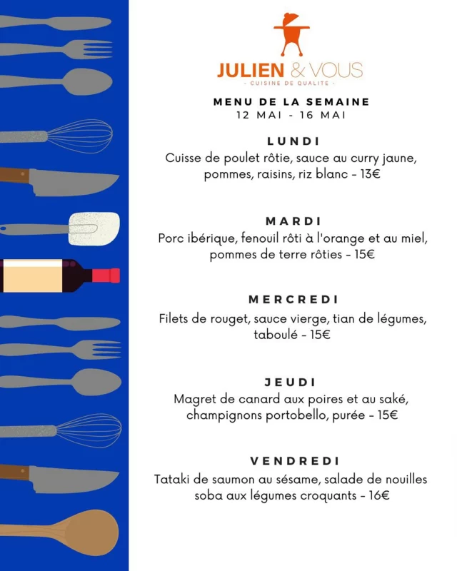 Soleil, fraîcheur et gourmandise au menu ! 🌞 
La semaine prochaine chez Julien & Vous s’annonce délicieuse : un nouveau menu tout frais, parfait pour une rentrée en douceur sous le soleil ☀️
À savourer toute la semaine sans modération ! 🍴
ORDER NOW