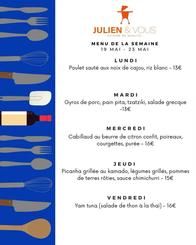 Nouvelle semaine, nouveau menu signé Julien & Vous ! 🌞 
Fraîcheur, fait maison & saveurs au top 🍽️
Parfait pour chiller !
Et l’apéro ? La planche qui fait FUREUR est là ! 🫒 

📩 Commande par mail, message privé ou WhatsApp au 0455 10 17 84