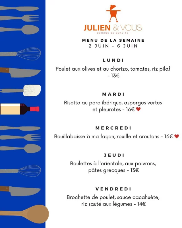 Le menu de la semaine prochaine est là ! 
Envie de bien manger sans galérer ? 
Commandez vite 😎