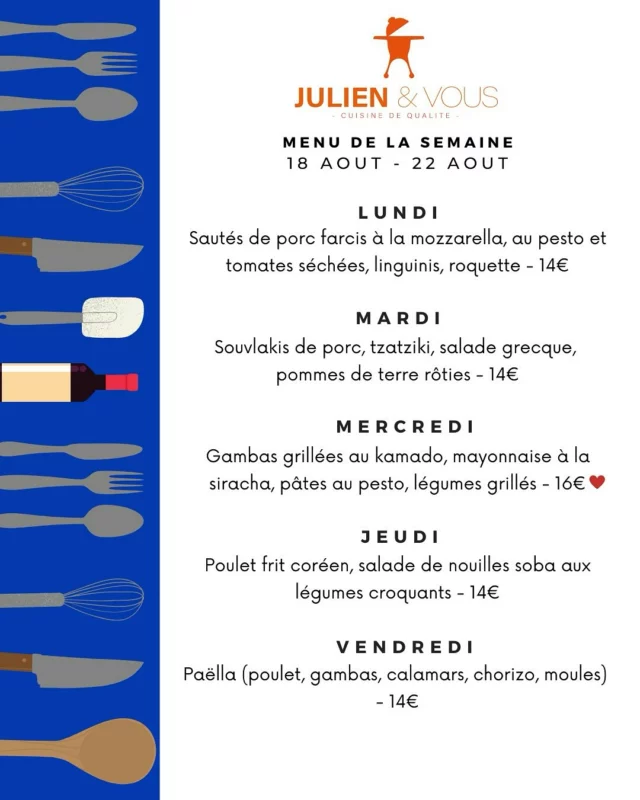 ☀️ De retour après deux semaines de vacances… reposé, inspiré et prêt à vous régaler ! 🔥

Le menu de la semaine prochaine est prêt : du frais, du gourmand et toujours la touche au kamado 🍽️
Hâte de vous retrouver ! ORDER NOW