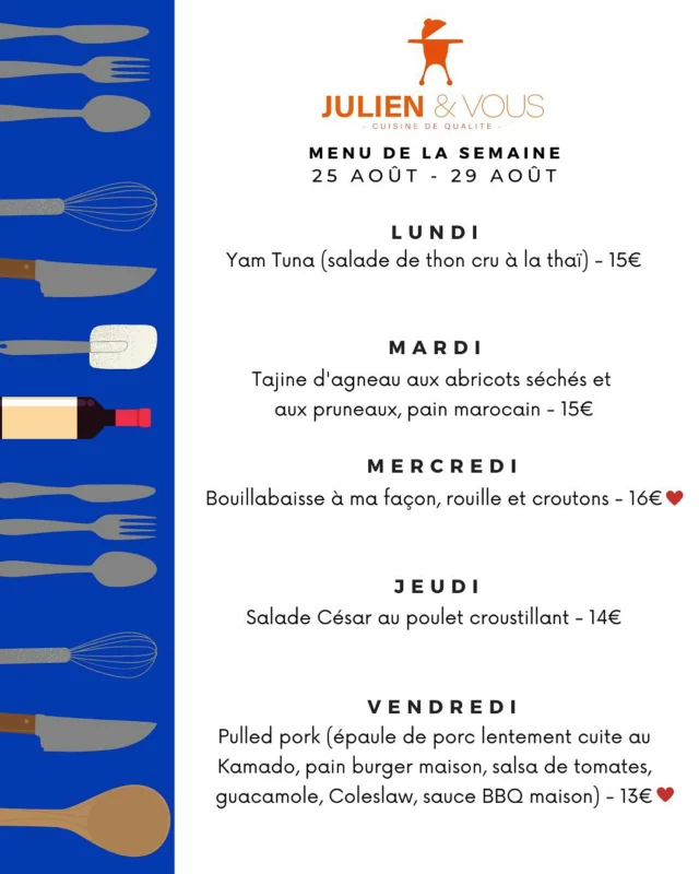 C’est la rentrée ! ✏️🚌
Et si on se facilitait la vie en commandant Julien&Vous ?
Pssst : on fait plaisir à nos enfants (et à nous même) en commandant le PULLED PORK BURGER vendredi 🍔