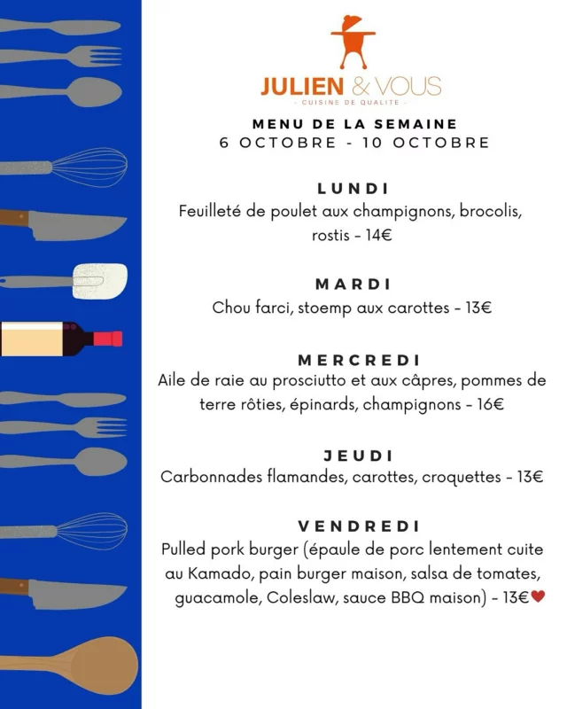 Ça y est, octobre est bel et bien installé 🍂 !
Les feuilles tombent et les températures aussi… Mais pas question de se laisser abattre par la déprime automnale : on se régale avec le nouveau menu 😋

Que ce soit seul, en famille ou entre amis, tout le monde va adorer !
Alors ORDER NOW avant qu’il ne soit trop tard…
Surtout pour le Pulled Pork Burger, qui risque de partir très, très vite 🍔