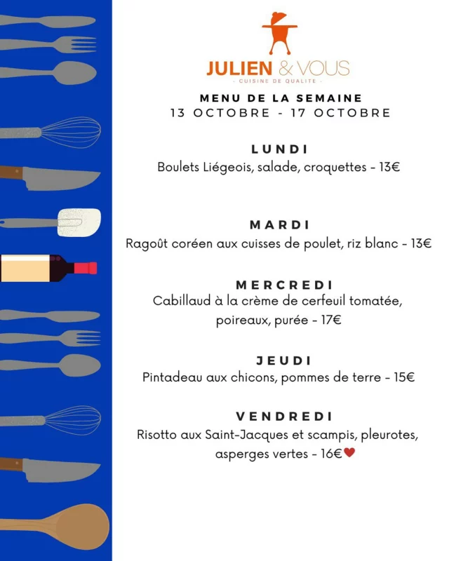 Un menu bien gourmand pour vous faciliter la vie ? Julien & Vous est là 😋 ! Alors commande maintenant pour avoir l’esprit tranquille 🧘
