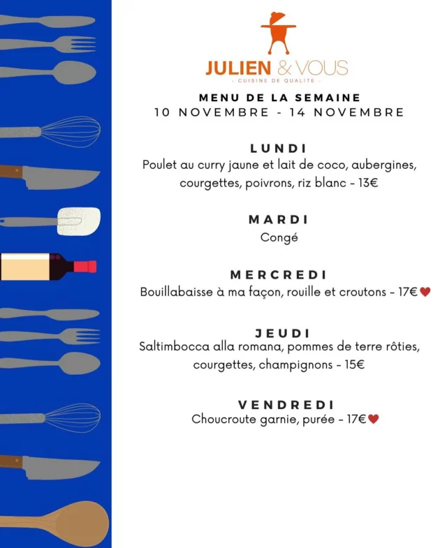 🌟 Le menu de la semaine prochaine est en ligne ! 🌟
Et attention… deux grands retours très attendus font leur come-back 😍
🐟 La bouillabaisse
🥬 La choucroute

Deux classiques réconfortants qui collent parfaitement à la météo du moment ☔

Les demandes sont déjà nombreuses, alors ne tardez pas à commander avant qu’il n’y en ait plus 👨‍🍳

#JulienEtVous #TraiteurLocal #FaitMaison #Bouillabaisse #Choucroute #Waterloo #ComfortFood