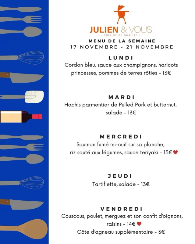 🍂 Le menu de la semaine prochaine est là !
Un nouveau plat fait son entrée : un Hachis parmentier avec le fameux Pulled Pork & du butternut, la rencontre de la saison !
Et pour les inconditionnels, la tartiflette fait son grand retour impossible d’y résister 🧀
👉 Commandes ouvertes dès maintenant !