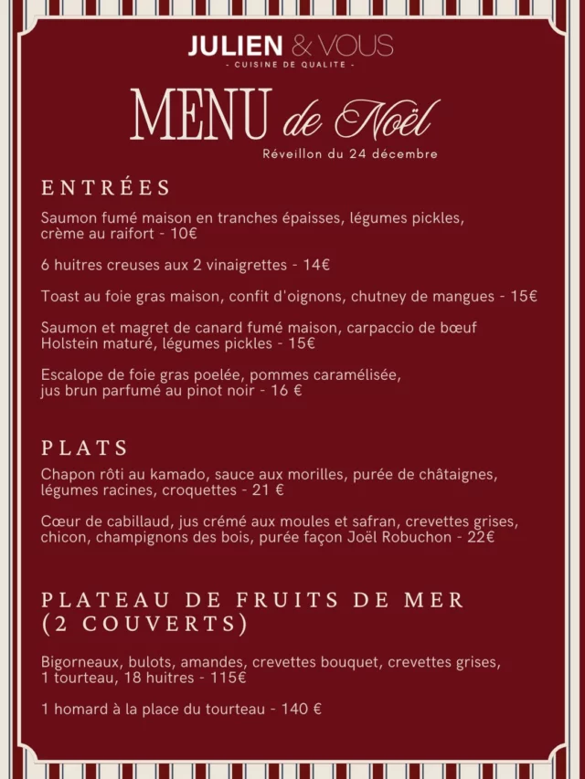 Les fêtes arrivent … 🥂
Julien & Vous présente ses menus de fêtes ✨
Des produits festifs maison, gourmands et prêts à poser sur la table sans stress 
Idéal pour épater vos invités et profiter pleinement de vos réveillons 🎁

Pour les réveillons, ça va partir très vite (ne tardez pas 🤫)