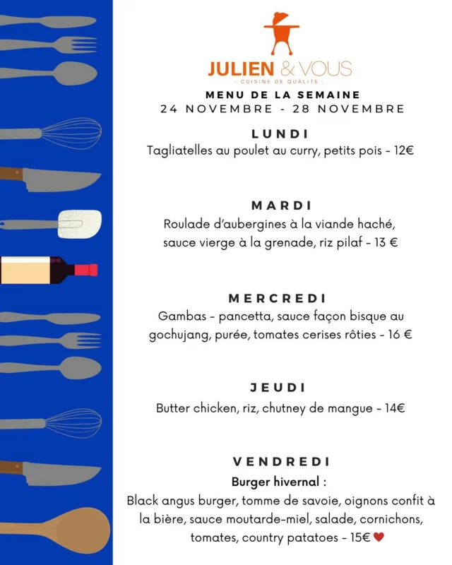 Le thermomètre chute, les envies de plats réconfortants montent… ❄️
Bonne nouvelle : le menu de la semaine prochaine arrive avec de belles nouveautés pour se réchauffer,
et vendredi, le burger hivernal fait son grand retour 🍔
On régale ?
Order Now