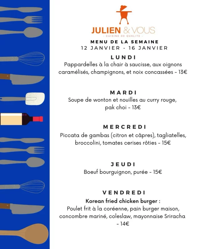 Le menu de la semaine prochaine est là ! 
Et autant vous dire qu’il va vous faire très plaisir 😍
Des nouveautés ultra gourmandes, des saveurs qui réconfortent, et toujours le fait-maison qu’on aime tant 🍽️
On le sait déjà… vous allez adorer 🤤
ORDER NOW