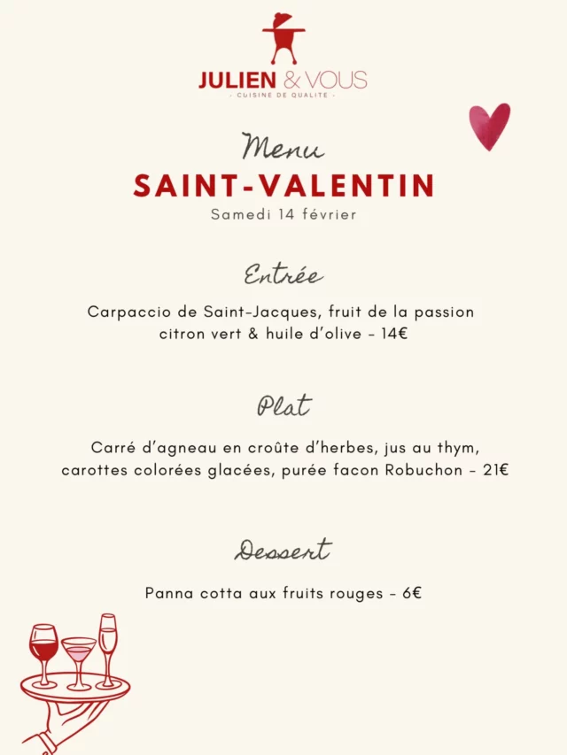 💌 Pas envie de sortir pour la Saint-Valentin ?
Pas de panique, Julien & Vous s’occupe de tout ! 🍴
On a préparé un menu spécial à emporter pour que votre soirée cocooning soit au top : en amoureux, entre amis, en famille ou en solo
Confort, repas délicieux et zéro stress : il ne reste plus qu’à poser les pieds sous la table et profiter. 

Alors on commande vite vite car les quantités sont limitées …