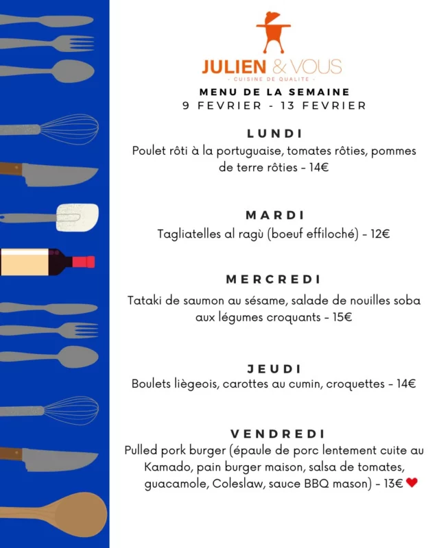 📣 Menu de la semaine prochaine chez Julien & Vous !
On lance officiellement l’ambiance vacances… et on fait ça comme il se doit avec le retour du pulled pork ce vendredi, celui que vous attendiez tous est de retour !
❤️ Samedi, place au menu spécial Saint-Valentin, parce que l’amour (et la bonne bouffe) se célèbre aussi à la maison. ORDER NOW