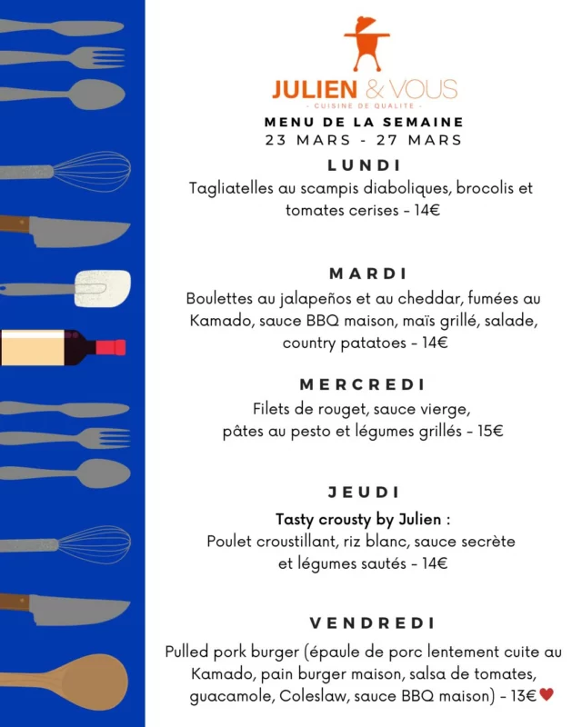 Un nouveau menu bien gourmand pour la semaine prochaine 😋 
On part sur plusieurs nouveautés et surtout celle de jeudi, un Tasty Crousty version Julien & Vous qui va plaire aux grands et aux petits 🍽️ 
Sans oublier le retour du PULLED PORK BURGER vendredi 🍔
Pssst, il y a aussi des nouveautés dans les desserts, parfait pour vos dîners 🍰