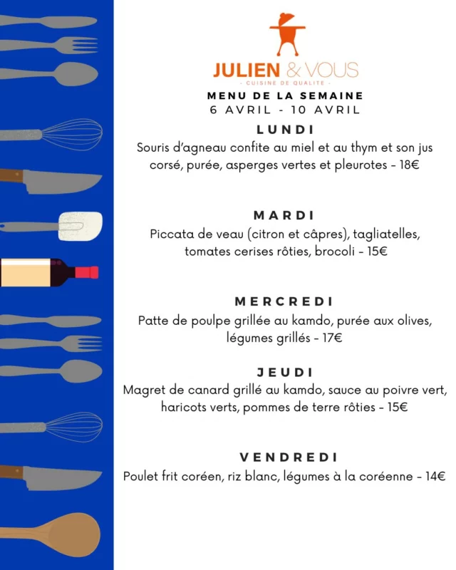Le menu de la semaine prochaine est là ! 
Et il va vous régaler 😋
On sait que vous attendiez le retour du poulet frit coréen alors foncez !