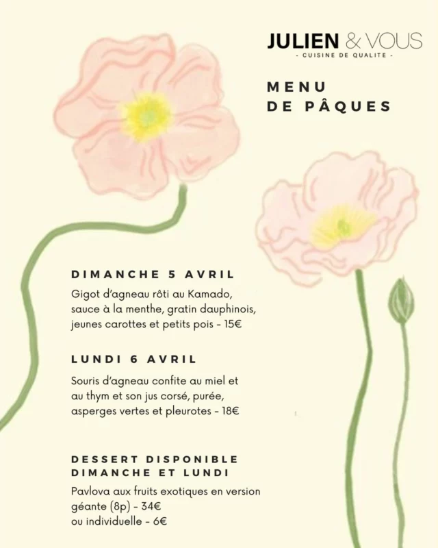 Vous l’attendiez, il est là ! 🌷
Le menu de Pâques disponible dimanche et lundi 🐣
Alors on se fait plaisir et on se facilite la vie en commandant tout ça 😋 
Il y a même un délicieux dessert à la carte ! 👩‍🍳