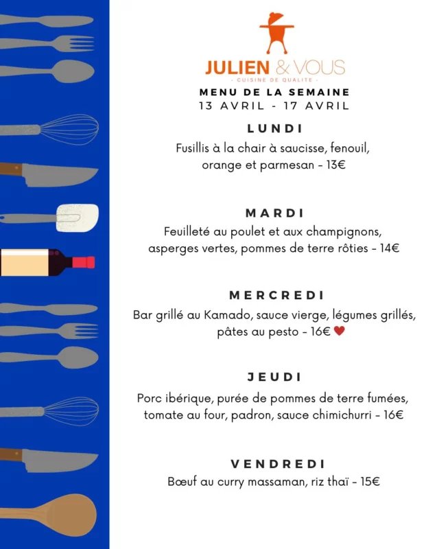 Jeudi = nouveau menu 🎉 
Il est là et il vous donne très envie, on le sait … Alors ne tardez pas trop pour commander 😋