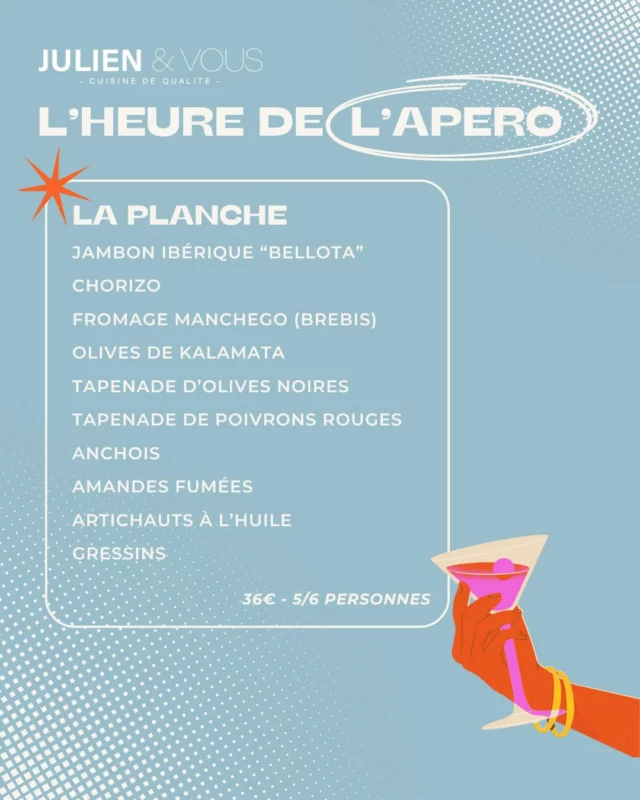 ☀️ La planche apéro de l’été est là ☀️

Que des produits d’exception, du bon, du frais… et surtout de quoi se régaler 😋

À partager entre amis, au soleil, avec un verre à la main 🍸Disponible tout le temps 
Bref, l’apéro comme on l’aime 🔥

#JulienEtVous #ApéroTime #summervibes