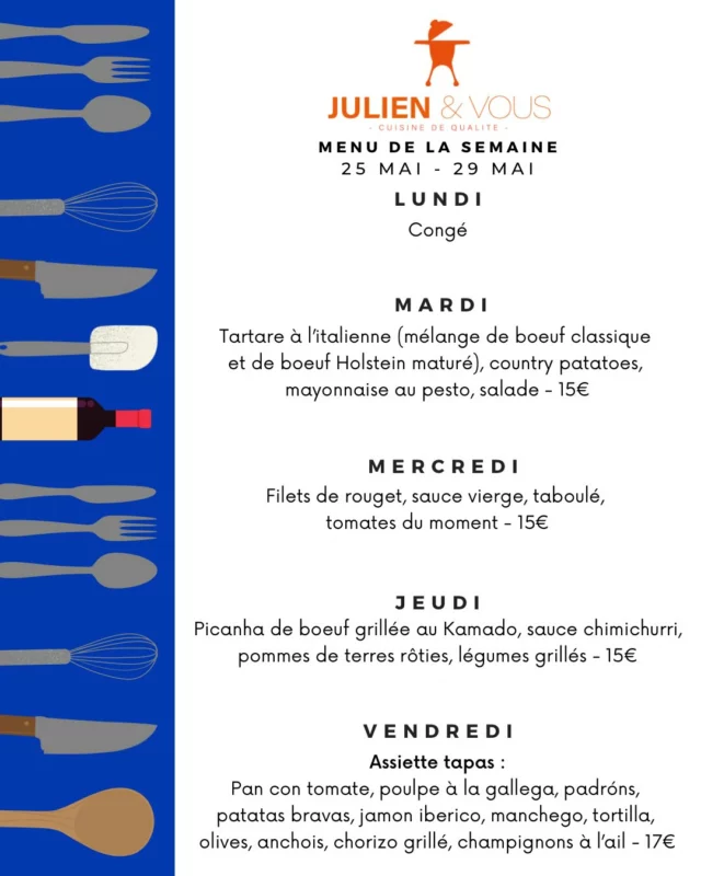 ☀️ Ça y est, le beau temps revient… et chez Julien & Vous on passe en mode terrasse ☀️ 

Un menu frais, parfait pour profiter dehors et bien manger 😎

Et vendredi une nouveauté débarque 👀
👉 l’assiette tapas… on pense qu’elle va vite devenir un classique 🔥

ORDER NOW 🌞