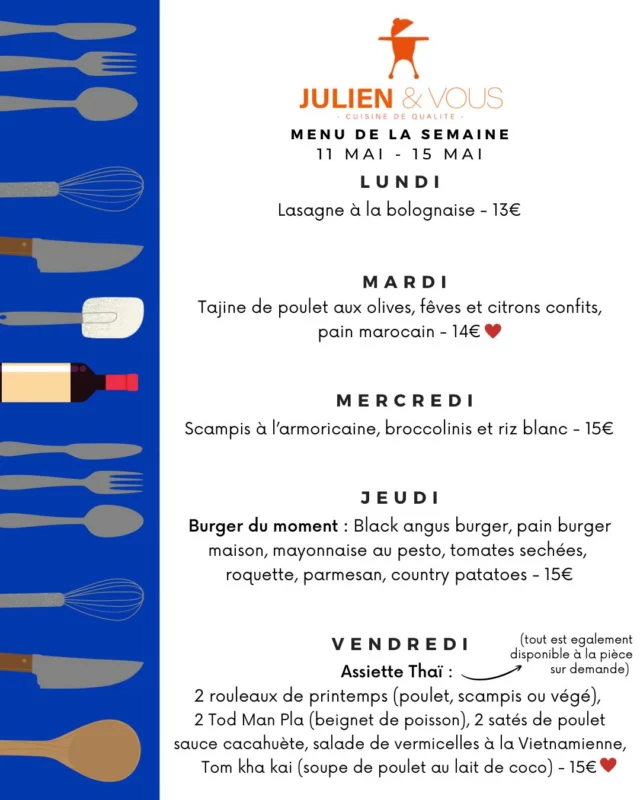 De retour avec un nouveau menu qui va vous régaler 😋 
On sait que le retour des vacances est compliqué alors on vous a fait plaisir ! Le retour du burger jeudi 🍔 et surtout de l’assiette Thaï qui vous a manqué (si l’assiette ne vous convient pas, c’est aussi disponible à la pièce bien sûr) 🍽️
Alors on commande viiiite 
Pssst : on oublie pas la planche apéro pour compléter tout ça 🫒