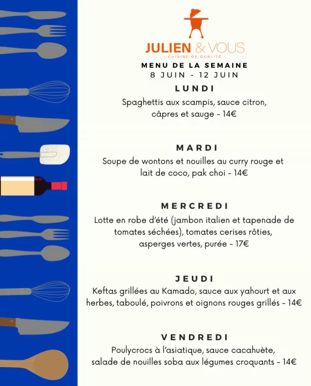 Un délicieux menu vous attend la semaine prochaine 😋 
Alors n’attendez plus pour commander 
Pssst, le beau temps revient fin de la semaine prochaine, parfait pour manger dehors 🌞