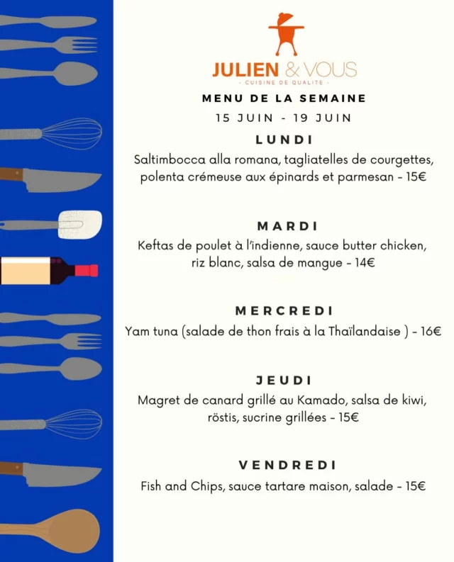 ☀️ Nouveau menu chez Julien & Vous ☀️

Le soleil est de retour, les vacances approchent, la terrasse vous attend… et on a préparé LE menu qu’il vous faut pour en profiter 😎🍴

Des saveurs qui sentent bon l’été et de quoi accompagner parfaitement vos soirées devant la Coupe du Monde ⚽

Entre amis, en famille ou simplement pour se faire plaisir : il est temps de se mettre en mode vacances 🌴