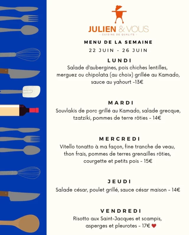 Le nouveau menu est là 🌞 Encore une belle semaine de soleil et de chaleur, alors on en profite et on commande pour manger sur la terrasse !