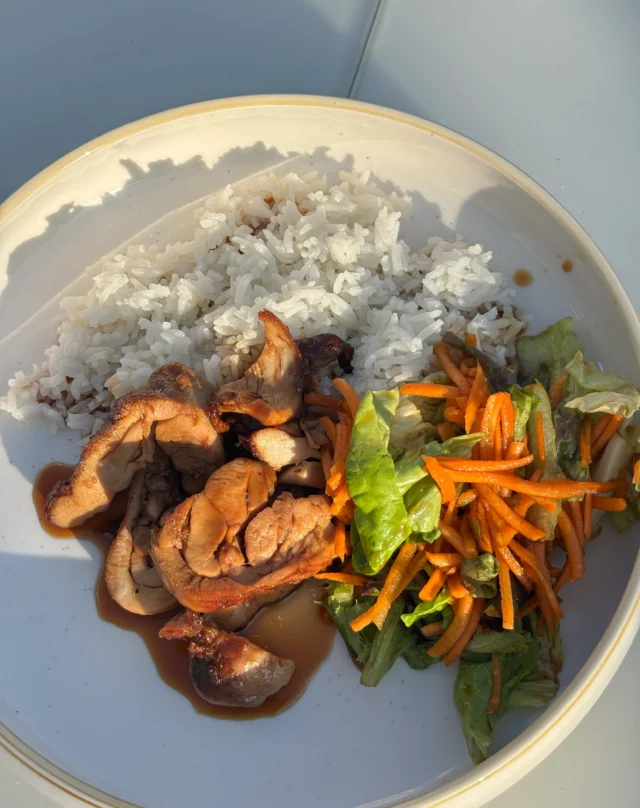 Poulet teriyaki, salade aux carottes rapées et à la sauce de soja ponzu, riz blanc