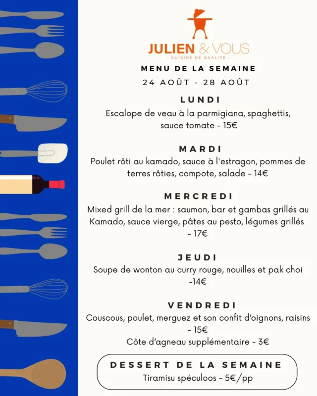 C’est la rentrée ✏️ 
Voilà un menu bien gourmand pour vous accompagner 😋 
Et on a rajouter une nouveauté, le dessert de la semaine ! 
ORDER NOW