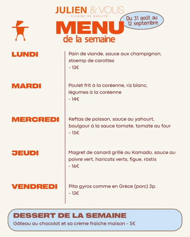 Voici le menu de la semaine prochaine 😋 
Et un nouveau design pour la rentrée ! 
ORDER NOW