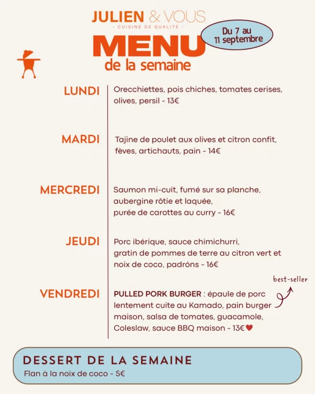 Vous l’attendiez, il est enfin de retour : le Pulled Pork Burger 🍔 Et on vous prévient… il risque de partir très vite ! Alors si vous voulez être sûrs d’en profiter, pensez à commander dès maintenant 👀

Et pour ceux qui veulent prolonger encore un peu l’été ☀️, la planche apéro est toujours disponible ! Parfaite pour un dîner entre amis… ou simplement pour se faire plaisir 🥂

Et pour le reste… un menu bien gourmand comme on les aime 

ORDER NOW