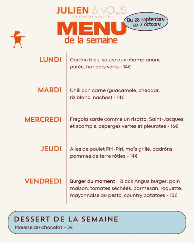 Le menu de la semaine prochaine est là ! 

De bons plats faits maison pour se régaler toute la semaine 🍽️

Et vendredi… on accueille le week-end comme il se doit avec un délicieux burger parfait pour terminer la semaine sur une note gourmande 🤤

ORDER NOW